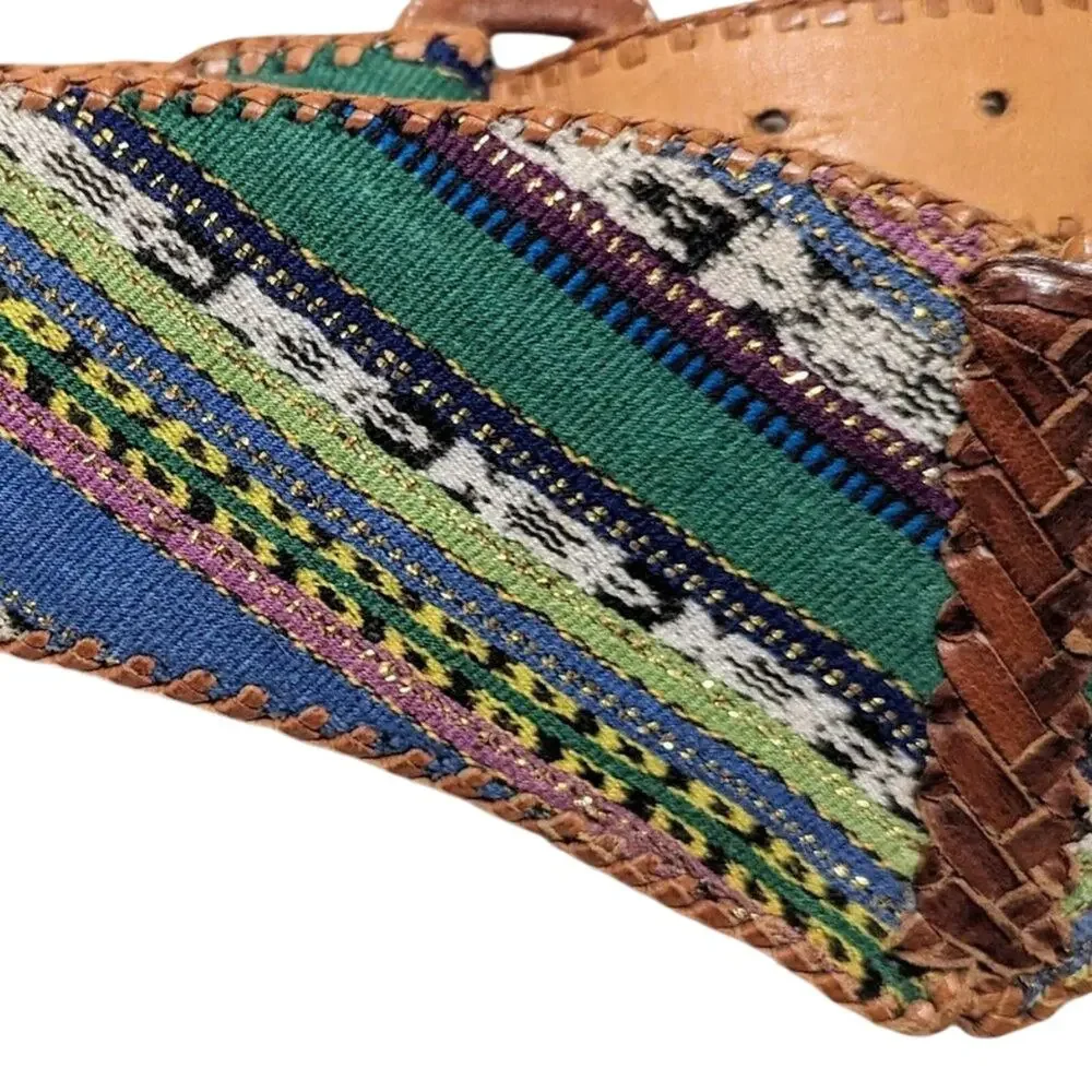 Vintage Colorful Tapestry Leather Chevron Whipstitch Edged Belt Size 34